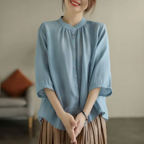 Tシャツ  シャツ  ベージュ  コットン  スタンドネック  夏服  綿麻  文芸  気質  五分袖  レディース