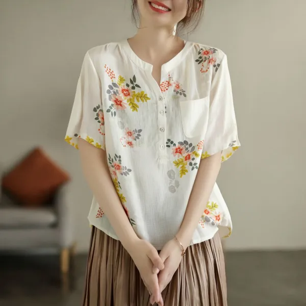 シャツ  ベージュ  プリント  コットン  半袖  スリムに見える  夏服  綿麻  文芸  新作  レトロ  2025  レディース