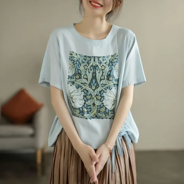 新品殺到 プルオーバー ラウンドネック 半袖 プリント ショート丈 カジュアル Tシャツ