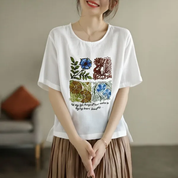 Tシャツ  カジュアル  ベージュ  プリント  コットン  スリムに見える  どんなスタイルにも合う  ゆったり  クルーネック  夏服  綿麻  薄  新作  レディース