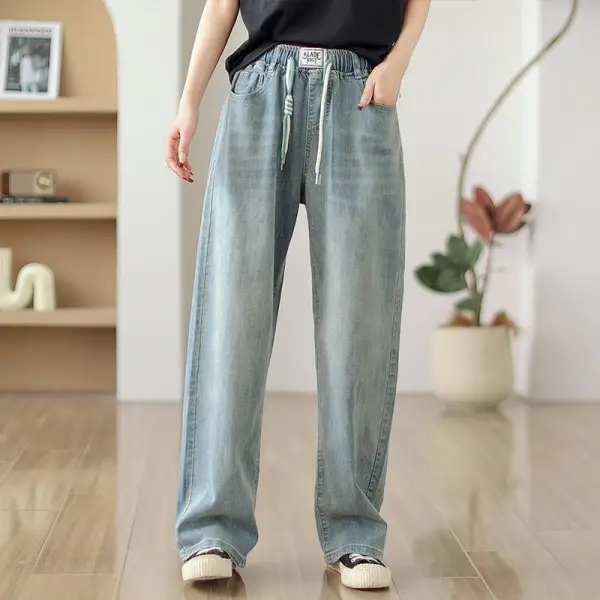 デニムパンツ  ゆったり  ハイウエスト  ウエストゴム  ストレート  新作  レトロ  レディース