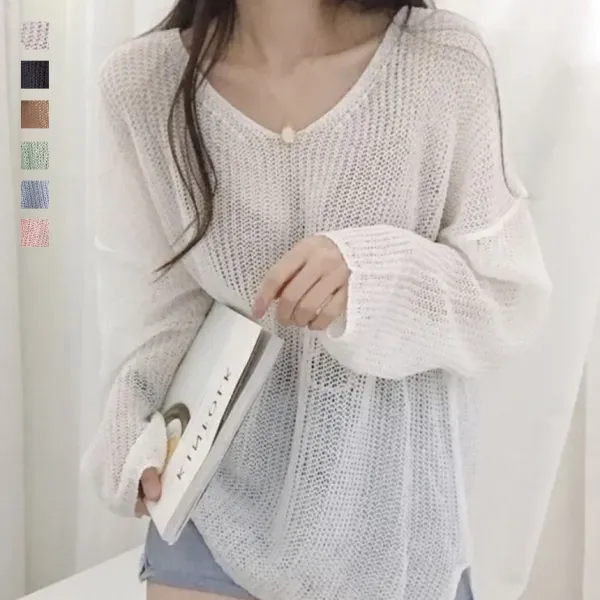 6色展開 ゆったりシルエット 体型カバー Vネック 中長 長袖 無地 ニット 大人 ootd 夏コーデ 夏服 レディース ファッション 20代 30代 40代 50代 カジュアル コーディネート トレンド 着回し