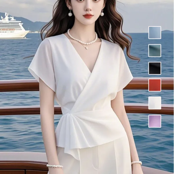 着痩せ エレガント 無地 ボウタイ Vネック 半袖 シフォンシャツ 大人 ootd 夏コーデ 夏服 レディース ファッション 20代 30代 40代 50代 カジュアル コーディネート トレンド 着回し