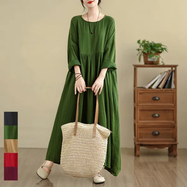 新商品＆再入荷 Aライン ロング ラウンドネック 長袖 無地 レトロ ワンピース 大人 ootd 夏コーデ 夏服 レディース ファッション 20代 30代 40代 50代 カジュアル コーディネート トレンド 着回し