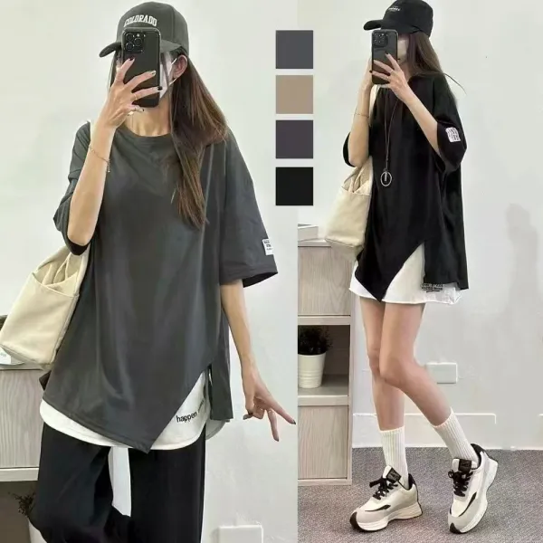 大人女子必見! 切り替え プリント 半袖 無地 ランダムティアード カジュアル Tシャツ ブラック 黑 グレー ベージュ 大人 ootd 夏コーデ 夏服 レディース ファッション 20代 30代 40代 50代 カジュアル コーディネート トレンド 着回し