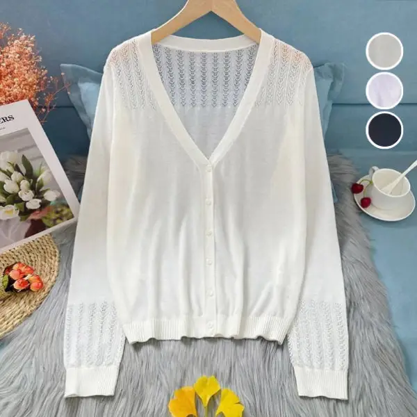 新作入荷ぴったりしたサイズ感無地長袖透かし編みVネックシンプル日焼け止め服ブラック黑ホワイト白コーディネートカジュアルファッション着回しootd夏コーデ夏服レディース20代30代40代50代