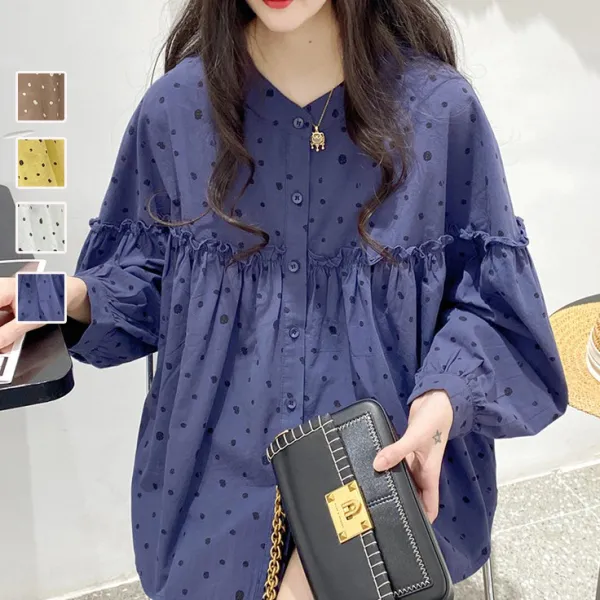絶対可愛いカジュアル長袖ラウンドネックドット柄シャツコーディネートカジュアルファッション着回しootd夏コーデ夏服レディース20代30代40代50代