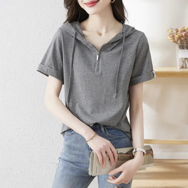 Tシャツ  シンプル  カジュアル  どんなスタイルにも合う  フード付き  夏服  気質  通気性良い  新作  2025  レディース
