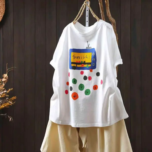 カジュアル  プリント  コットン  半袖  どんなスタイルにも合う  ゆったり  クルーネック  プルオーバー  夏服  新作  レディース