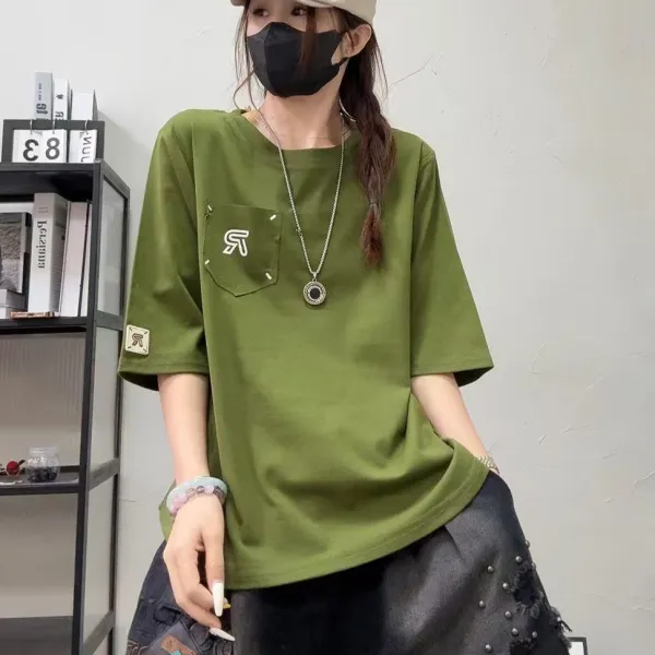 Tシャツ  五分袖  カジュアル  スリムに見える  クルーネック  プルオーバー  普通  インナー  レディース