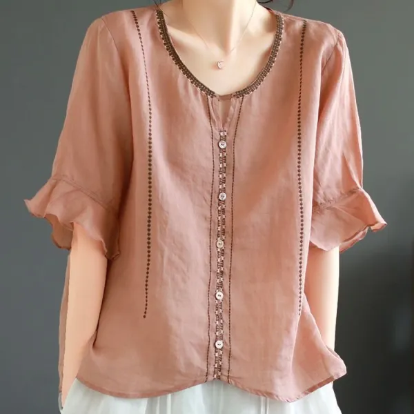 Tシャツ  ベージュ  コットン  スリムに見える  ゆったり  Vネック  綿麻  文芸  レトロ  刺繍  五分袖  2025  レディース
