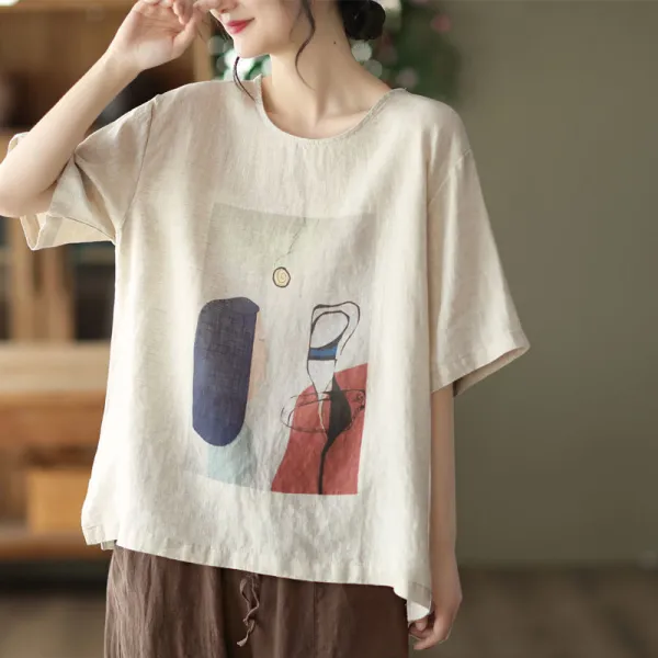 Tシャツ  ベージュ  プリント  コットン  半袖  どんなスタイルにも合う  ゆったり  クルーネック  プルオーバー  秋  綿麻  文芸  文芸スタイル  新作  レトロ  レディース