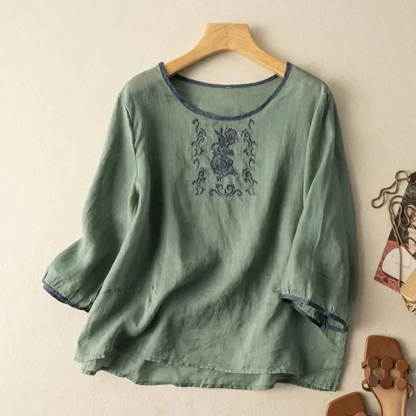 Tシャツ  刺繍  ベージュ  カラーブロック  クラシック  コットン  スリムに見える  ゆったり  プルオーバー  夏服  綿麻  7分  文芸  新作  レディース