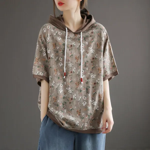 Tシャツ  花柄  半袖  どんなスタイルにも合う  ゆったり  フード付き  プルオーバー  夏服  文芸  薄  新作  レトロ  レディース