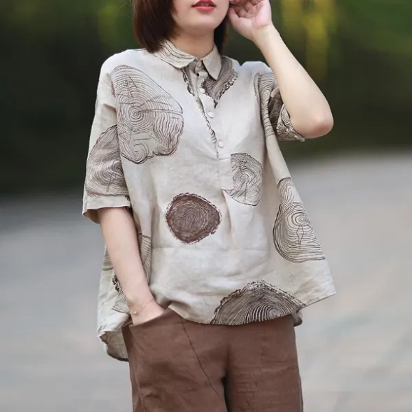 シャツ  カジュアル  ベージュ  プリント  半袖  スリムに見える  ゆったり  折り襟  夏服  模様  文芸  リネン  新作  レディース