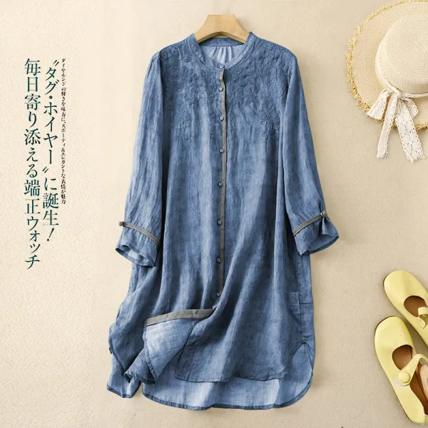シャツ  ゆったり  スタンドネック  秋  文芸  普通  日焼け止め  新作  レトロ  刺繍  レディース  ミディ丈 / ミディアム丈
