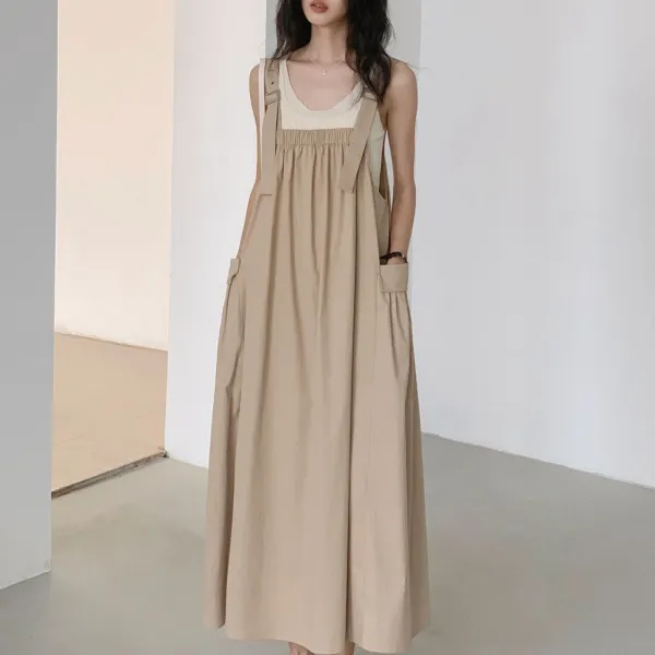 カーキ  ワンピース  キャミソール  ノースリーブ  ゆったり  夏服  なし  春夏  つりスカート  レトロ  日本風  レディース
