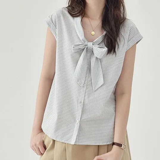 シャツ  リボン  コットン  ノースリーブ  夏服  なし  コットン100%  M  新作  レディース