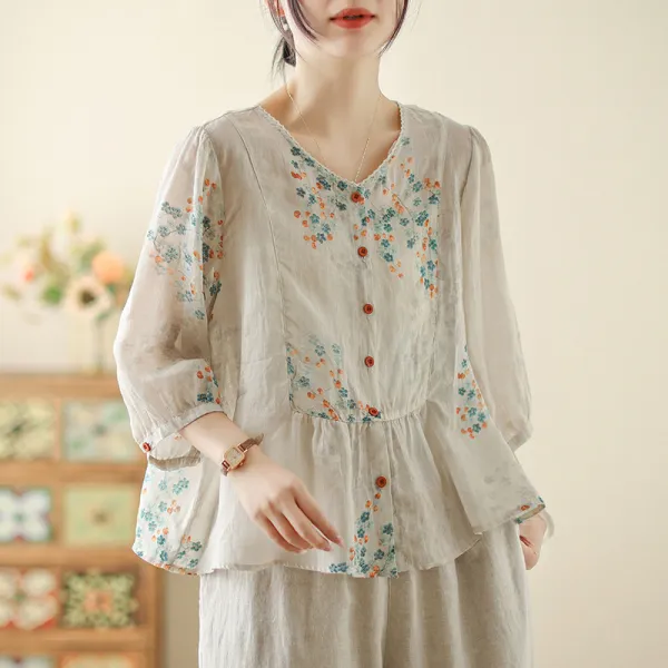 シャツ  ベージュ  プリント  コットン  ゆったり  クルーネック  夏服  綿麻  文芸  気質  ツイスト模様  レトロ  レディース