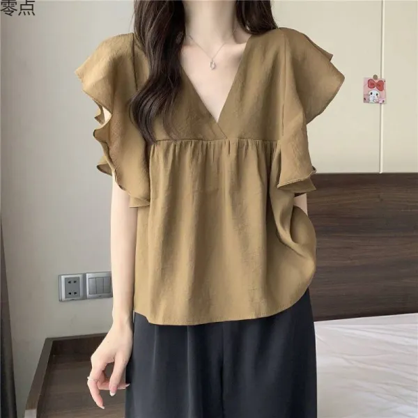 シャツ  シフォン  おしゃれ  夏服  フライングスリーブ  韓国風  レディース