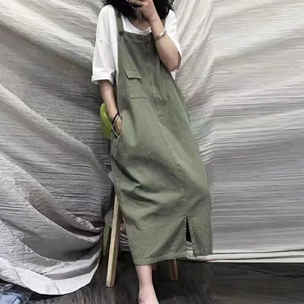 ジャンパースカート レディース オールインワン 夏 春秋 ワンピース ロング丈 ミモレ丈 スリット ジャンスカ ロングワンピース サロペット
