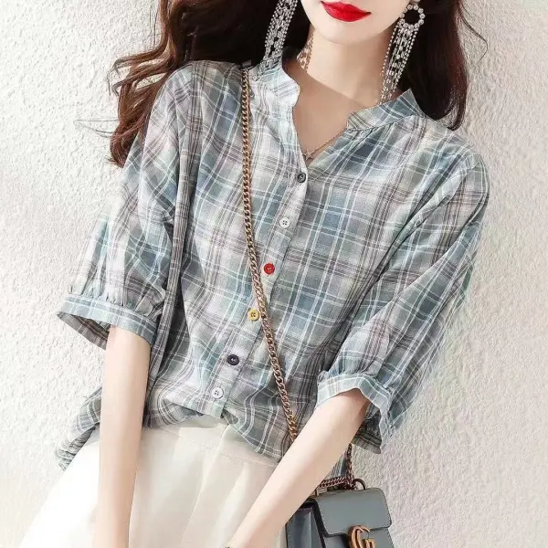 シャツ  チェック柄  カジュアル  コットン  半袖  どんなスタイルにも合う  夏服  デザイン  薄  デザイン性  ニッチ  レディース