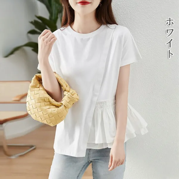 tシャツ レディース 半袖 夏 トップス カットソー 異素材ドッキング 黒ｔシャツ 不規則切り替え 丸首 ティアード裾 ふんわり Tシャツ 綺麗 おしゃれ 着回し ホワイト ブラック