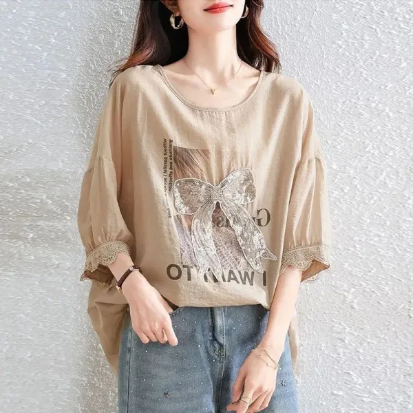 高見えデザイン カジュアル プリント プルオーバー レース 切り替え Tシャツ