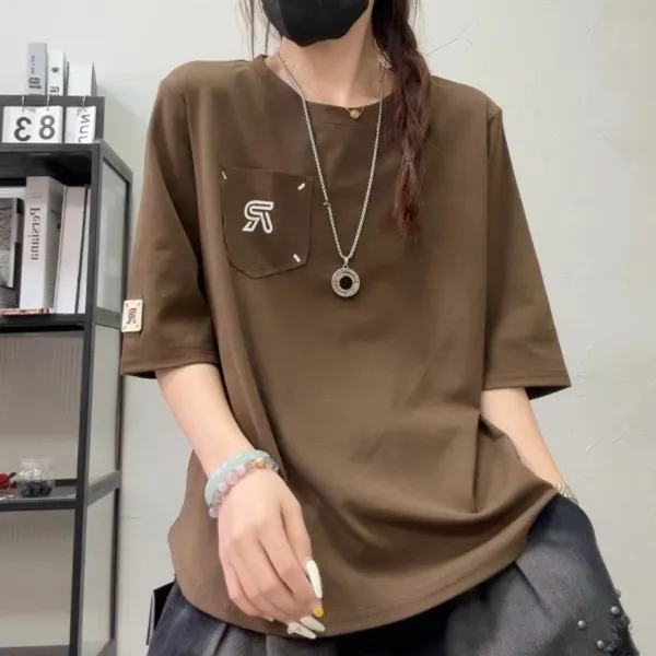 Tシャツ  五分袖  カジュアル  スリムに見える  クルーネック  プルオーバー  普通  インナー  レディース