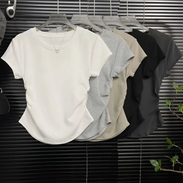 『今売れてます!』 Vネック ギャザー 半袖 無地 ラウンドネック シンプル Tシャツ