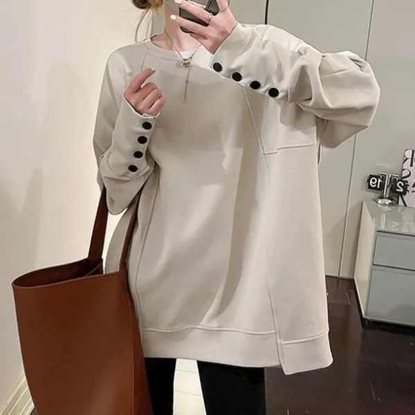 大特価 激安！4カラー展開 カジュアル 韓国系 切り替え ボタン ラウンドネック 長袖Tシャツ