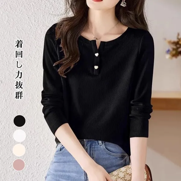 『大人が着たいアイテム』 無地 長袖 フロントカットアウト ラウンドネック クローズドバック ファッション Tシャツ