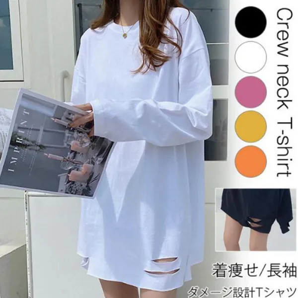 早い者勝ちです! ダメージ加工 プルオーバー 無地 長袖 ラウンドネック カジュアル Tシャツ
