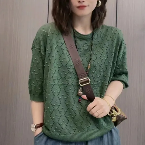 Tシャツ  無地  透かし彫り  カジュアル  ニット  ニットトップス  ゆったり  クルーネック  プルオーバー  夏服  7分  新作  レディース