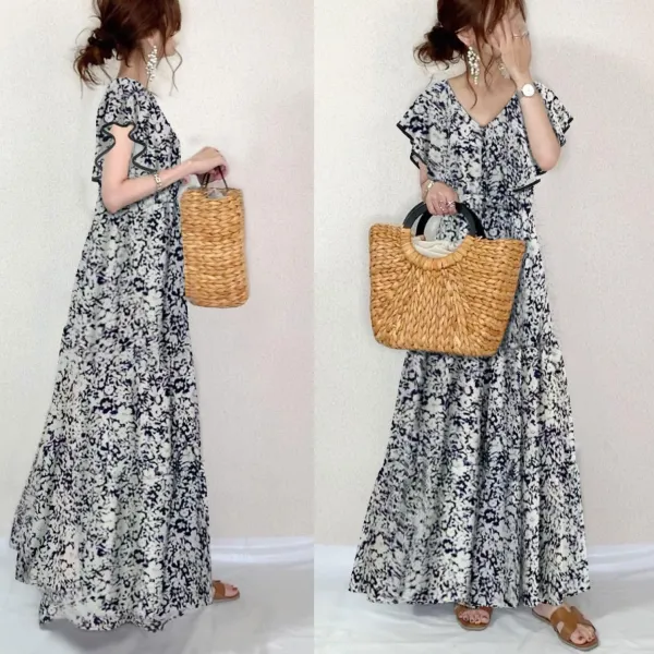 新作  フライングスリーブ  Vネック  プリント  花柄  ロング  Aライン  着丈  夏  秋の新作アイテム
