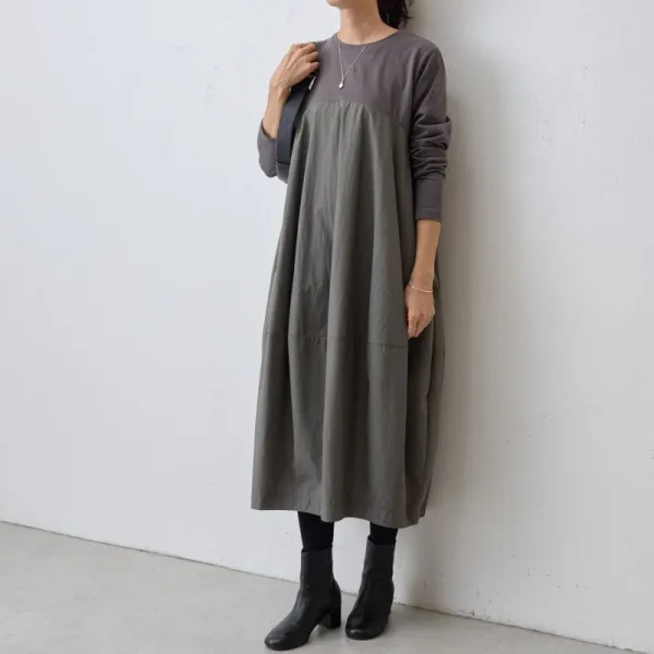ワンピース  切り替え  ニット  ロングワンピース  長袖  ロング  クルーネック  プルオーバー  春秋  新作  韓国風