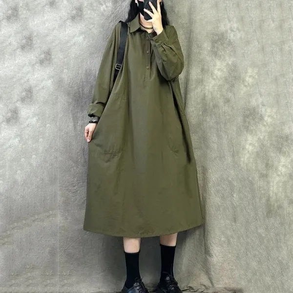 買わなきゃ損 ポケット付き ボタン 無地 長袖 ストレート レトロ 森ガールワンピース