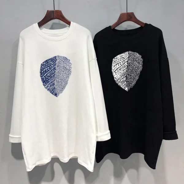 【全2色】Tシャツプリント長袖ラウンドネック｜体型カバー