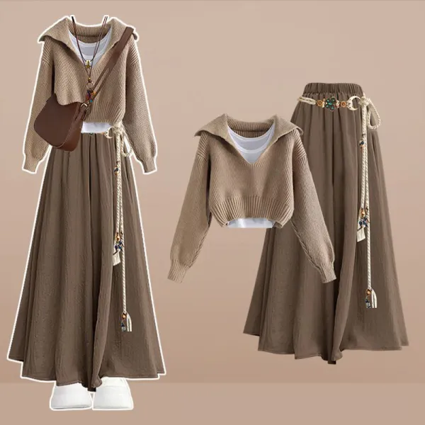 単品可3点セット｜セーター無地長袖Vネック+タンクトップ+パンツロング丈｜体型をカバー