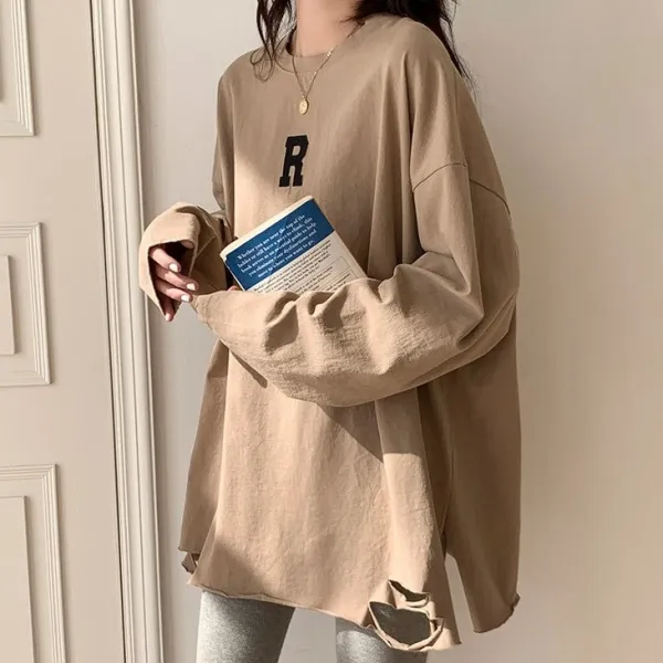 お買い得！ 骨格ナチュラル ラウンドネック 長袖 ダメージ加工 アルファベット カジュアル Tシャツ