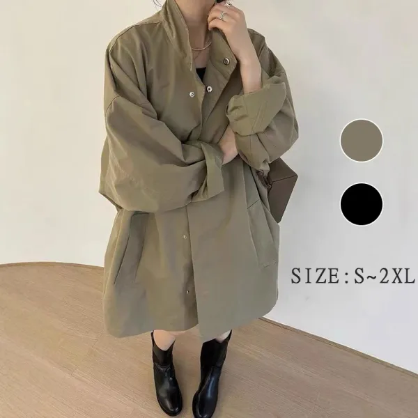 お買い得！ 長袖 スタンドネック 無地 ポケット付き ボタン シンプル トレンチコート