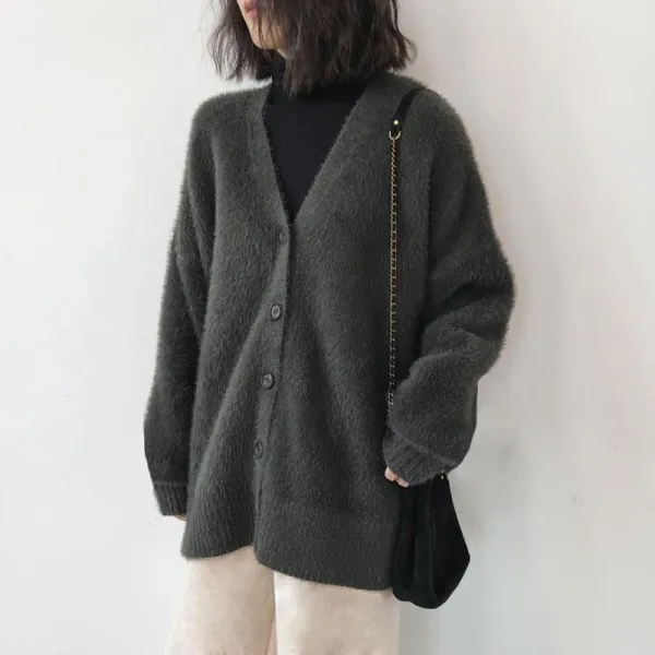 【24H限定半額！】売り切れ必至 ゆったり 長袖 モヘアタッチ シャギー あったか 極暖 バルーンスリーブ ボタン Vネック 無地 カジュアル カーディガン
