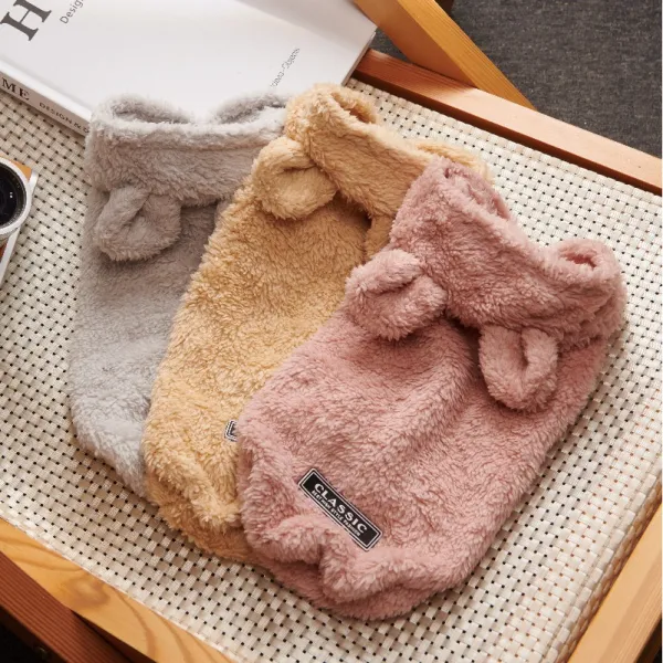 一枚で視線を奪う暖かい無地スエード帽子付きかわいい動物耳付き無地ペット服ペットウェア