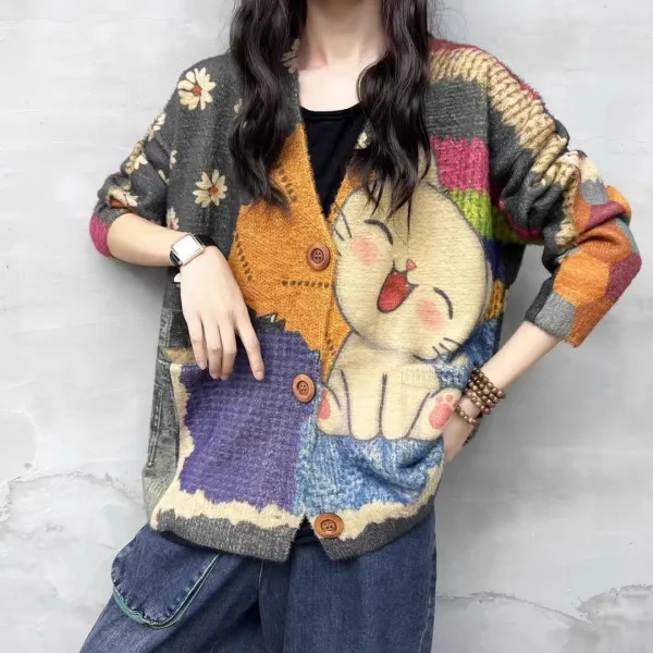 カーディガン  プリント  ニット  アウター  長袖  スリムに見える  ゆったり  Vネック  文芸  レトロ  レディース