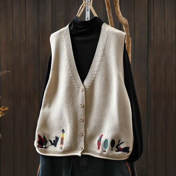 新品登場☆オススメ 刺繍 ボタン ノースリーブ プリント Vネック カジュアル ベスト