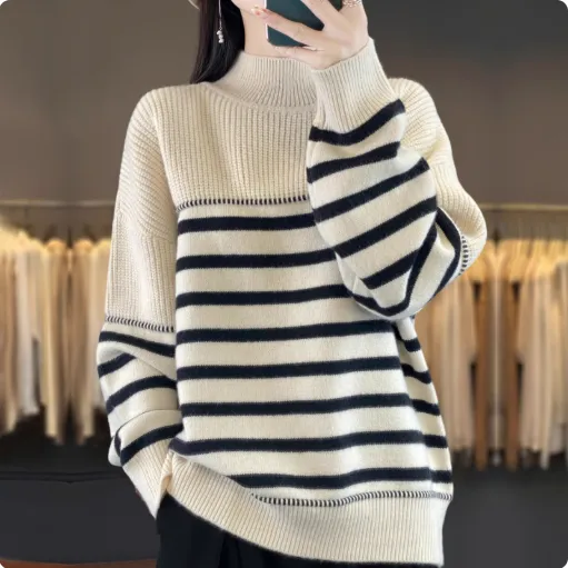 好感度UP ハーフネック プルオーバー 長袖 ボーダー ニット ファッション ニットセーター