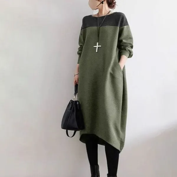 【全2色】エレガントワンピース長袖ポケット付き切り替え配色｜トレンド感満載