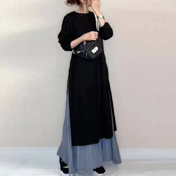ファン急増中 秋先 ファッション 新作 コットン 長袖 スリット 切り替え ロングワンピース