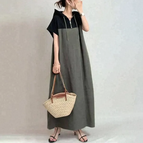 人気高い 配色 切り替え フード付き ファスナー ファッション カジュアルワンピース 大人 ootd 夏コーデ 夏服 レディース ファッション 20代 30代 40代 50代 カジュアル コーディネート トレンド 着回し