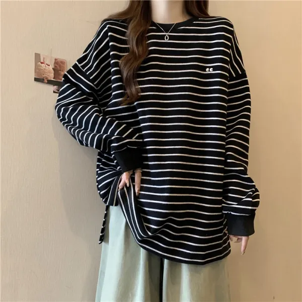 買わなきゃ損 長袖 ラウンドネック ボーダー プルオーバー 刺繍 カジュアル Tシャツ